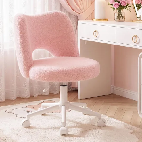 DurayLoly Silla de Tocador con Ruedas Rosa, Linda Silla de Tocador con Respaldo, Silla de Escritorio Ultra-Suave de Felpa, Silla de Oficina Pequeña