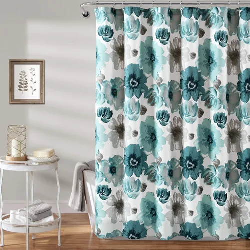 Lush Decor Leah - Cortina de ducha floral, 72 pulgadas de ancho x 72 pulgadas de largo, color azul, cortinas de ducha de tela, cortina de baño