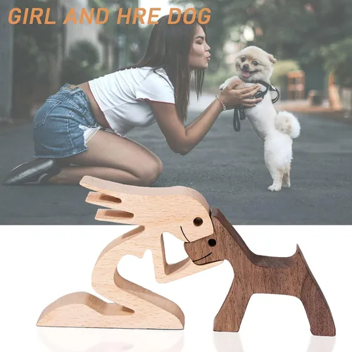 Miniatura 2 de Pequeña Decoración de Sala de Estar Estatua de Mujer y Perro Decoraciones de Madera para el Hogar Mujeres+perro