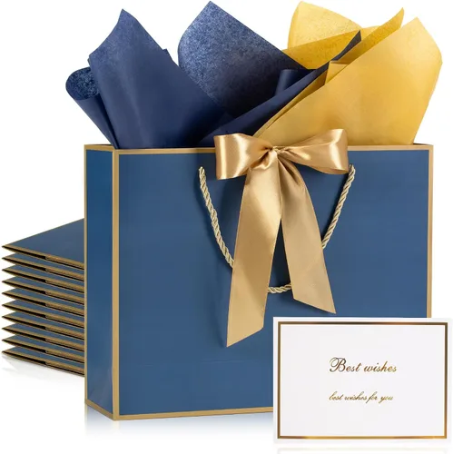 Miniatura 14 de PASEOTA Bolsas de regalo de 12.6" a granel, 10 bolsas de regalo con 20 papeles de seda y 10 tarjetas de felicitación, bolsa de lujo con asas