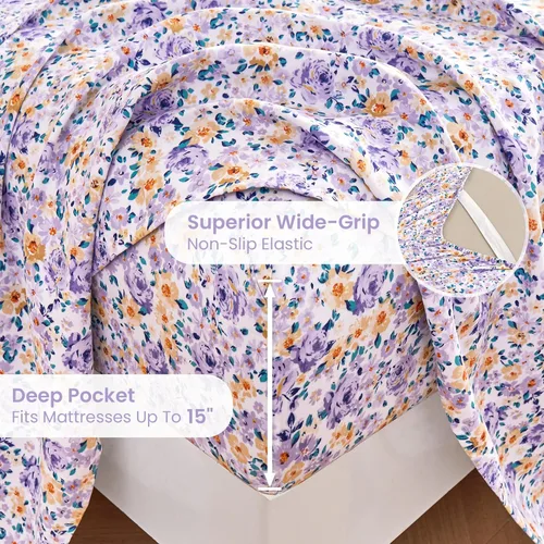 Miniatura 3 de Mooreeke Sábanas de cama Queen con estampado floral, ropa de cama impresa de microfibra suave y fundas de almohada, sábana vintage Queen de bolsillo