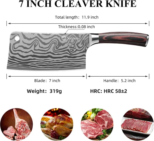 Miniatura 5 de Sunnecko Cuchillo de carnicero de 7 pulgadas, cuchillo chino de acero inoxidable de alto carbono con mango de madera, cuchilla afilada para carne