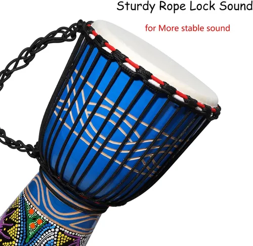 Miniatura 5 de LIEKE Djembe - Tambor africano de 10 x 20 pulgadas, cabeza de cabra caoba, pintado a mano, patrón pintado a mano, para adultos principiantes (azul)