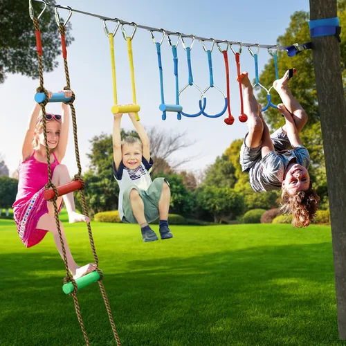 Miniatura 6 de Ninja Warrior - Carrera de obstáculos para niños, kit de línea floja de 2 x 56 pies con 10 accesorios ninja, barra de mono, escalera de cuerda