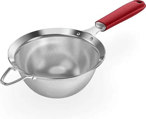 Colador de malla de acero inoxidable 18/8: U-Taste de 14 cm de malla fina para cocina, colador de alimentos con mango de silicona remachado y (4)