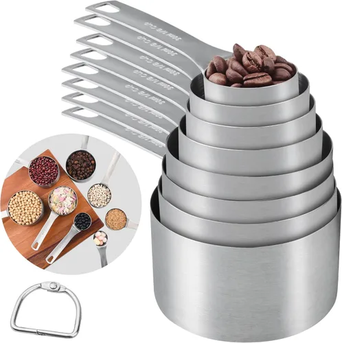 Juego de tazas medidoras, juego de tazas medidoras de acero inoxidable 18/8 para hornear y cocina, taza métrica y de metal estadounidense para