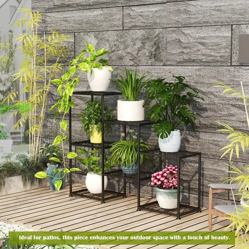 Miniatura 7 de Soportes para plantas de interior, estante de metal escalonado de exterior para múltiples plantas, soporte de 3 niveles para 7 macetas, soporte