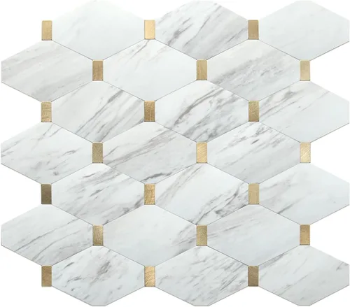 Miniatura 11 de DICOFUN 1 lámina de loseta adhesiva en muro de mármol gris largo octogonal, azulejos adhesivos de piedra falsa de PVC con metal plateado para pegar