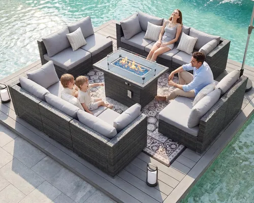 Miniatura 42 de BULEXYARD Juego de 7 piezas de sofá seccional para exteriores con respaldo alto, mesa para fogatas, juego de muebles de patio de mimbre resistente a