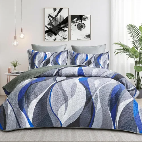 weesire Juego de ropa de cama con patrón de línea clásica, tamaño Queen, moderno, gris, azul y blanco, a rayas con 2 fundas, juego de edredón gris y