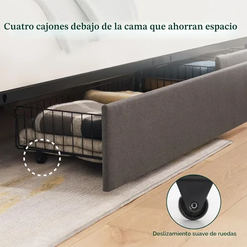 Miniatura 4 de Zinus Billie - Base de cama con plataforma, cuatro cajones de almacenamiento debajo de la cama, cabecera ajustable en altura, estilo tapizado, Gris