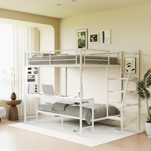 Miniatura 15 de KEIKI Litera Full sobre Twin con Estación de Carga, Cama Alta de Metal con Escritorio & Protector de Seguridad & Escaleras, Marco de Cama de Metal