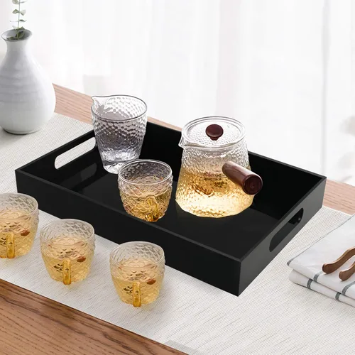 Miniatura 2 de Tasybox Bandeja negra para servir, bandejas decorativas de acrílico con asas para cocina, comedor, mesa otomana, tocador, encimera, 16 x 12 pulgadas