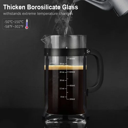 Miniatura 2 de QUQIYSO Cafetera de prensa francesa de acero inoxidable 304 con 4 filtros, resistente al calor, duradera, fácil de limpiar, prensa de café de vidrio