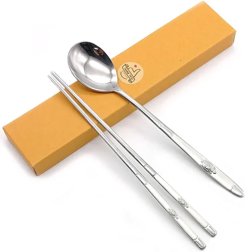 Miniatura 3 de SUPIA Cubertería tradicional coreana de acero inoxidable cucharas y palillos juego de vajilla con mano larga, reutilizable (tortuga plateada)