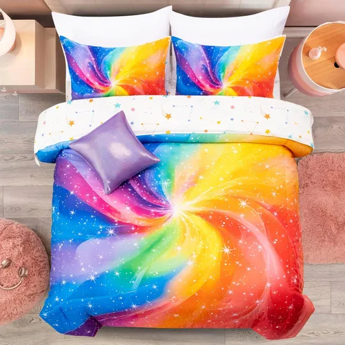Miniatura 10 de A Nice Night Juego de ropa de cama de 6 piezas en una bolsa Juego de edredón Tie Dye Galaxy para niños, patrón de espiral psicodélico colorido Rosa