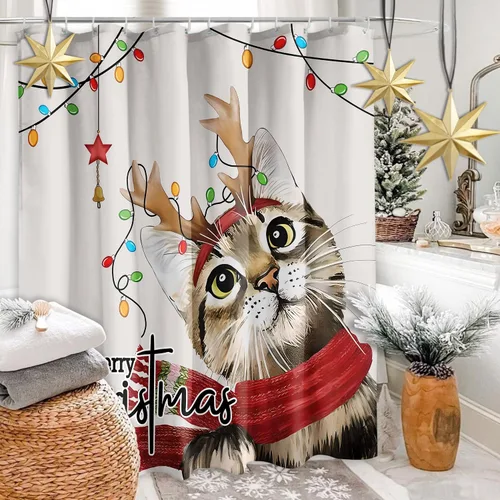 Miniatura 2 de Cortina de ducha navideña de gatos Haretu, cortinas de ducha de feliz Navidad para baño, linda decoración navideña de granja para el nuevo año
