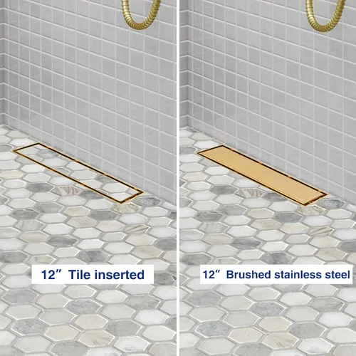 Miniatura 2 de Neodrain Drenaje de ducha lineal de 12 pulgadas dorado, cubierta plana y de inserción de azulejos 2 en 1, desagüe lineal de acero inoxidable