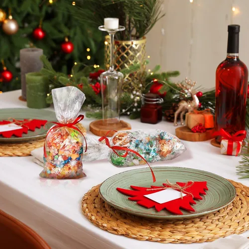 Miniatura 5 de Boao 100 piezas de bolsas de celofán para golosinas de Navidad con copos de nieve, bolsa de dulces con cinta para suministros de fiesta de Navidad