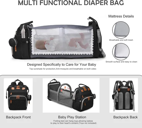 Miniatura 2 de Bolsa de pañales con estación de cambio, bolsa de bebé de viaje multifuncional, tote de bebé impermeable, bolsa de mamá de gran capacidad, mochila