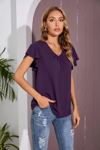 Miniatura 4 de Iandroiy Blusa plisada básica con cuello en V y volantes para mujer