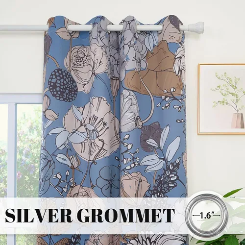 Miniatura 4 de Cortinas opacas florales bohemias azules para dormitorio, cortinas opacas botánicas de mediados de siglo de 63 pulgadas de largo, 2 paneles