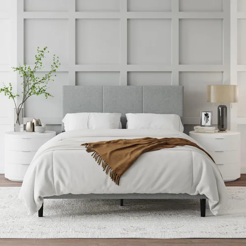 Miniatura 11 de IOILORI Base de cama de tamaño matrimonial con cabecera tapizada, listones de madera resistentes, no requiere somier, silencioso, fácil montaje