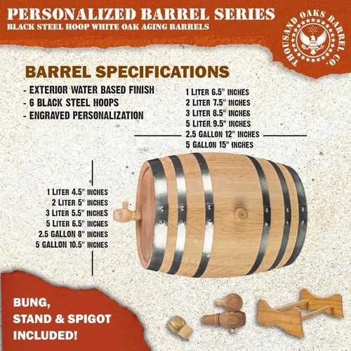 Miniatura 5 de Barril de roble envejecido personalizado de 5 galones (20 litros) con soporte, bung y espita – Barril de madera de bourbon para la cerveza casera