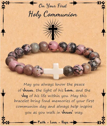 Miniatura 22 de JoycuFF Regalos Cristianos, Pulseras de Cruz para Mujeres, Joyería Cristiana Católica Religiosa de Fe de Pascua, Pulseras de Piedra Natural