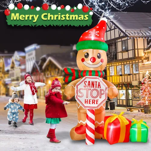 Miniatura 4 de Letrero de 7.5 pies "Santa Stop Here" Hombre de Jengibre Inflable de Navidad con Luces LED, Decoraciones Inflables para Patio Exterior, Césped