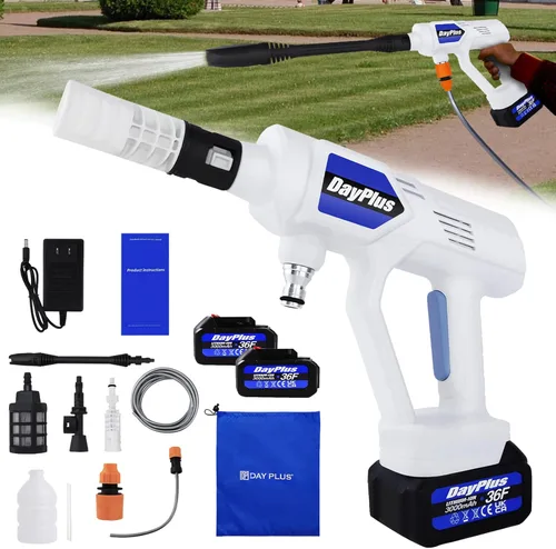 Lavadora a presión inalámbrica, limpiador eléctrico portátil de 21 V con baterías y accesorios de 2 x 3.0 AH, pistola de lavado a presión ajustable