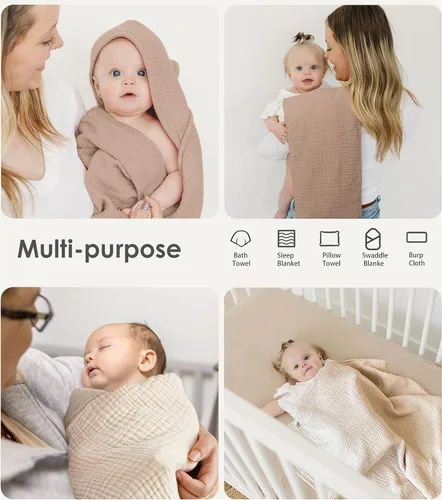 Miniatura 5 de MairMore Toallas de muselina para bebé con capucha para recién nacido, toallas de baño para bebé 100% algodón, suaves y absorbentes, toalla de bebé