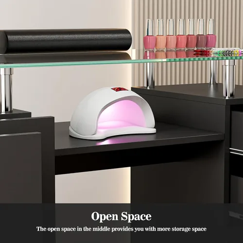 Miniatura 8 de Mesa de manicura con parte superior de vidrio para tecnología de uñas, estación de escritorio resistente a acetona con cajones de almacenamiento