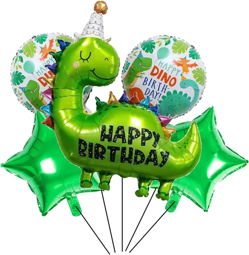 5 globos de dinosaurio de 35 pulgadas para decoración de cumpleaños para niños, globos de dinosaurio de papel de aluminio verde para Wild One Baby