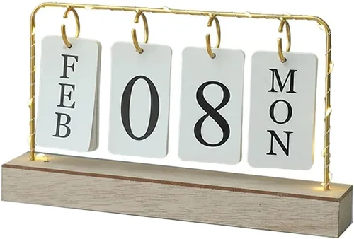Calendario genérico con tapa para mes, fecha y día, base de madera nórdica, marco de metal, delicado, reutilizable, con luz perpetua, para