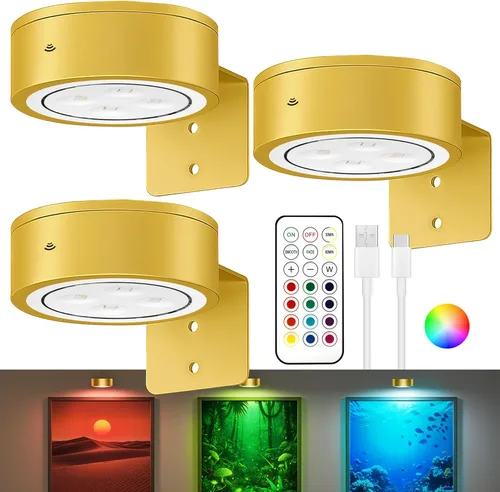 Miniatura 10 de Paquete de 3 luces para cuadros de pared, luz LED para pintura operada por batería recargable con control remoto regulable y temporizador, 3 modos