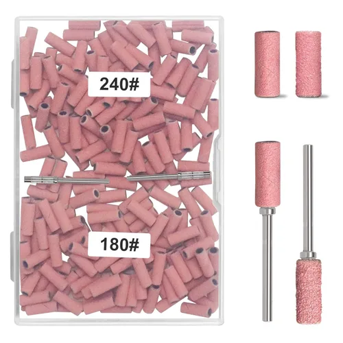BLESWIN 200 bandas de lijado pequeñas de grano #180#240 para taladro de uñas con 2 puntas de mandriles mejoradas de 3/32 pulgadas, mini bandas de