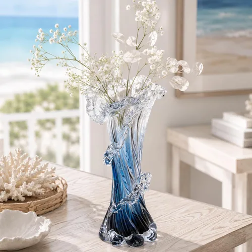 Miniatura 2 de Jarrón de vidrio soplado azul de 12 pulgadas de alto, florero costero soplado a mano de arte moderno, hermosos centros de mesa únicos de olas