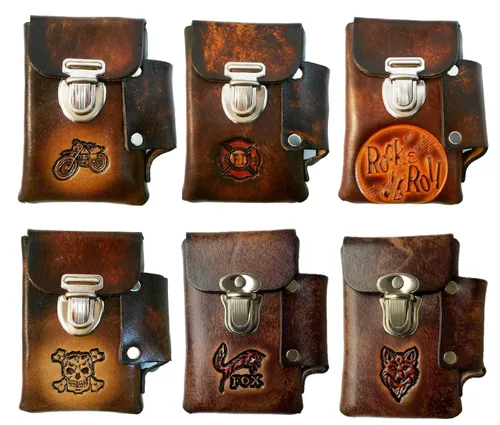 Miniatura 8 de Estuche de cigarrillos de cuero hecho a mano, bolsillo para encendedor, muchos diseños repujados