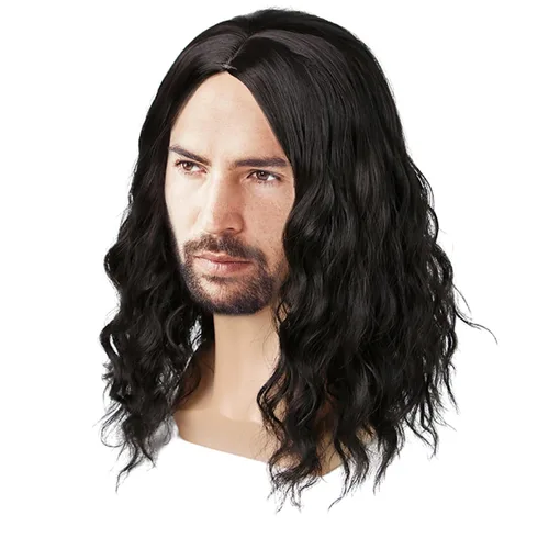 Peluca negra para hombre, peluca rizada de longitud hasta el hombro, parte media, peluca negra para cosplay, fiesta de Halloween