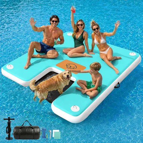 Miniatura 15 de AWEMUFA Muelle flotante inflable con rampa de 5 pies/6 pies/8 pies/10 pies, plataforma flotante flotante, tapete flotante de isla flotante, flotador