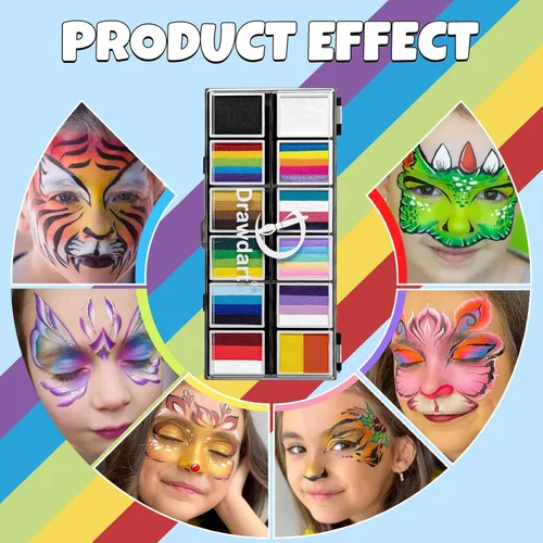 Miniatura 9 de Drawdart Kit profesional de pintura facial para niños y adultos, paleta de pintura facial Split Cake 12 x 10gm con plantilla, juego de pintura 12