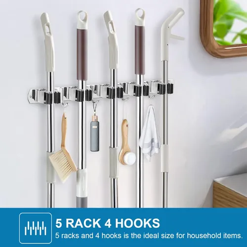 Miniatura 2 de IMILLET Paquete de 2 Soportes para Escobas y Fregonas con Montaje en Pared, Soporte para Escoba y Fregona de Acero Inoxidable, Autoadhesivo, Ganchos
