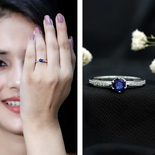 Miniatura 12 de Anillo de compromiso con solitario mínimo de zafiro azul, redondo de 0.197 in, calidad AAA, joyería inspirada en flores para mujer