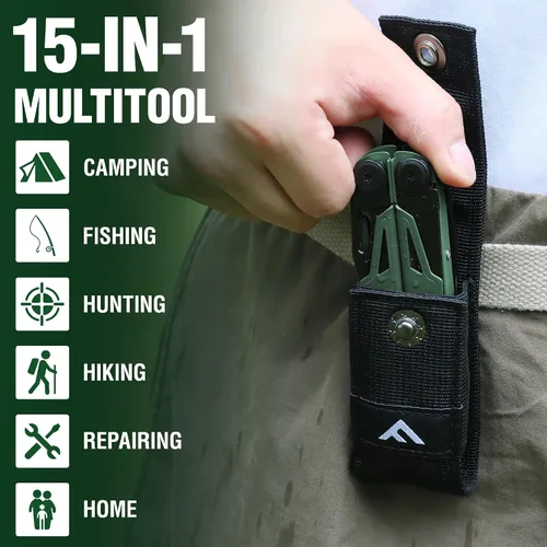 Miniatura 7 de FLISSA Multiherramienta, cuchillo de bolsillo multiherramienta 15 en 1 con funda, alicates multiherramienta EDC de acero inoxidable para hombres