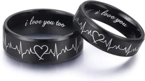 Lavumo - Anillos de acero inoxidable a juego para promesa de boda de parejas, diseño con grabado de latidos del corazón y leyenda "I love you",
