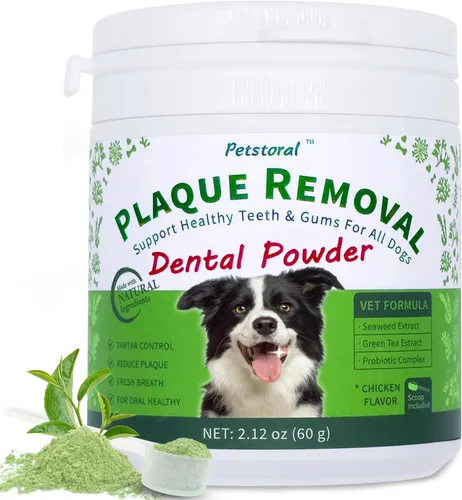 Petstoral Polvo dental natural para perros, cuidado dental para perros, removedor de placa y tratamiento para el mal aliento, encías saludables y