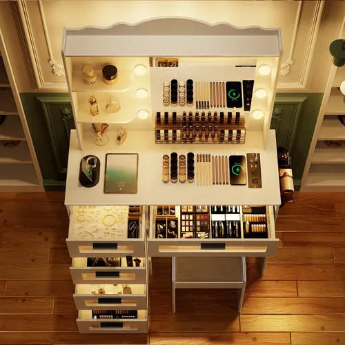 Miniatura 7 de HWB Escritorio de maquillaje con espejo y luces, mesa de tocador con 5 cajones y 2 estantes, juego de tocador para dormitorio, tocador con 10