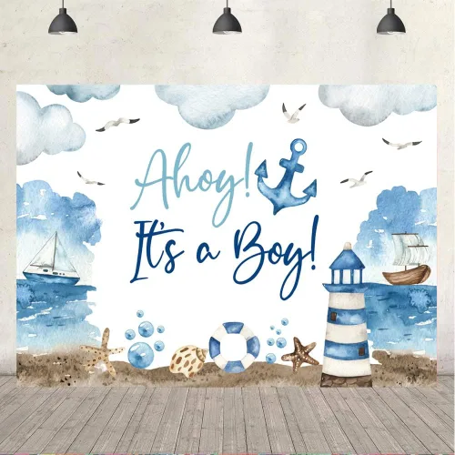 Miniatura 4 de Ticuenicoa Telón de fondo náutico para baby shower, 5 x 3 pies, nubes azules y blancas, diseño de barco faro para revelación de género, cabina
