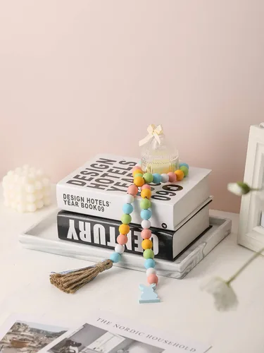 Miniatura 4 de Guirnalda de cuentas de madera de Pascua con borlas y etiqueta de conejo, cuentas de madera de estilo granja para decoraciones de bandeja
